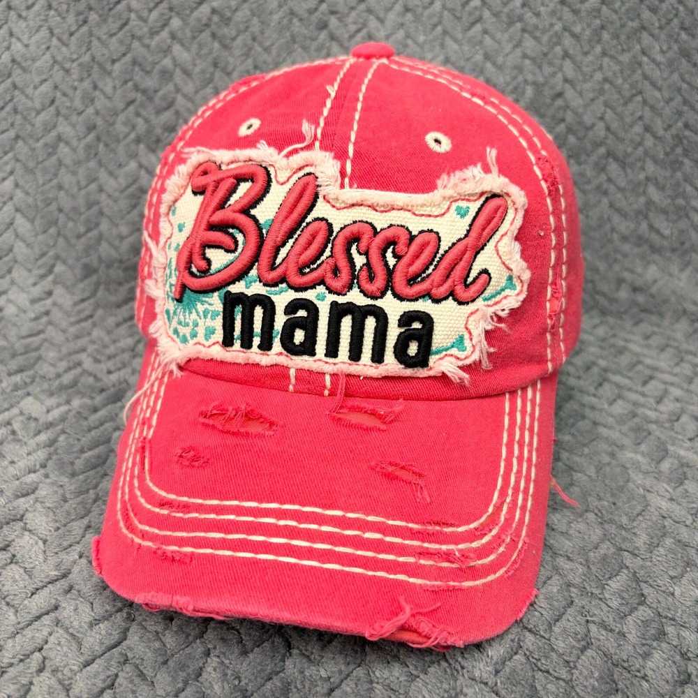 4350 DISTRICT Hat Blessed Mama Womens OSFM Pink Distressed Baseball Cap